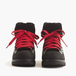 J. Crew Nordic Black Ankle Nubuck Leather Fur Lined Trim & Red Laces Size 9